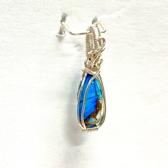 HANDCRAFTED Blue Dahlia Turquoise Composite Cabochon Hand Wrapped Pendant, Gift - Picture 4 of 10